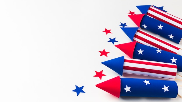 high angle of fireworks for independence day with stars and copy space