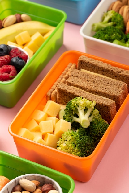 High angle food lunch boxes assortment