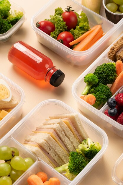 Free photo high angle food lunch boxes