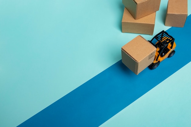 high angle forklift on blue background