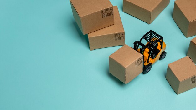 high angle forklift and boxes