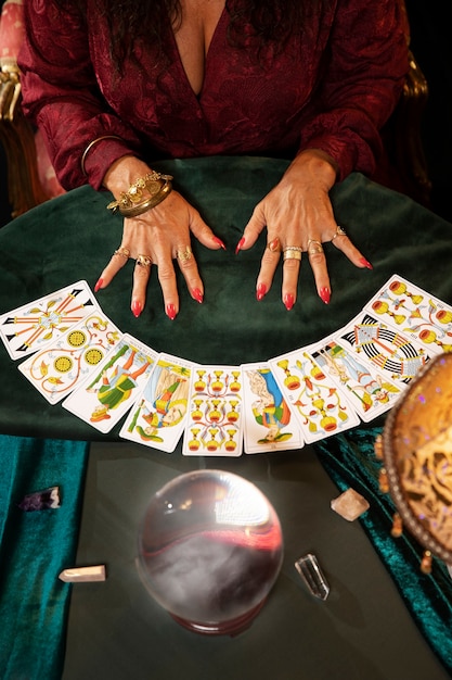 High angle fortune teller tarot reading