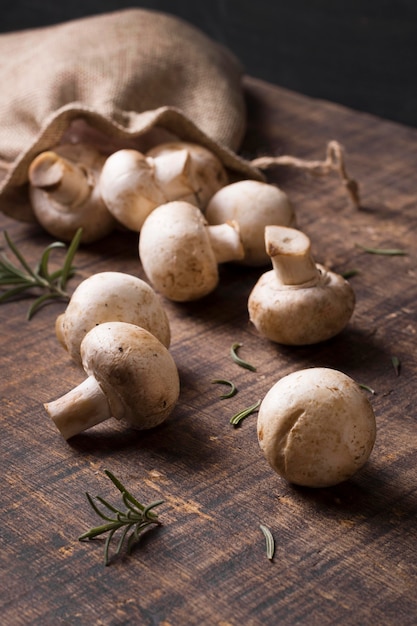 High angle fresh mushrooms arrangement