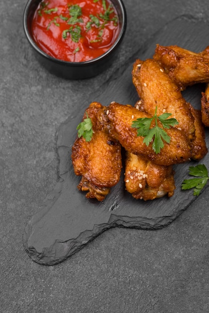 High angle of fried chicken on slate with sauce