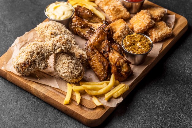 High angle of fried chicken variety with french fries