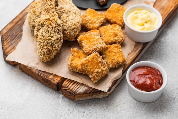 High angle of fried chicken with two different sauces and nuggets