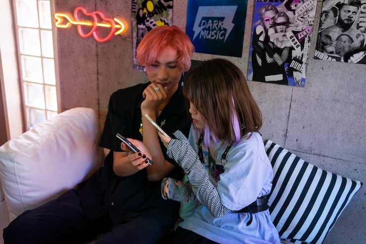 Free Photo high angle friends holding smartphones