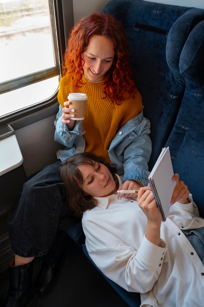 Free photo high angle friends traveling by train