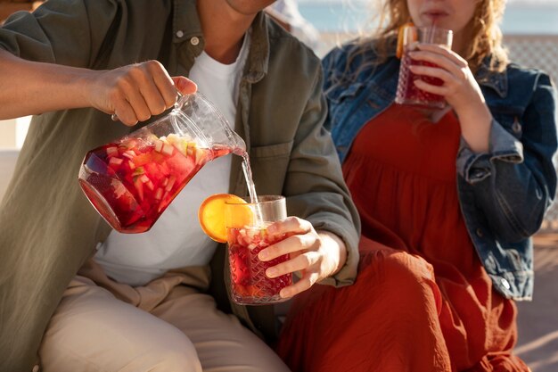 High angle friends with sangria