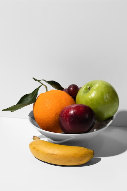 high angle of fruit bowl with copy space