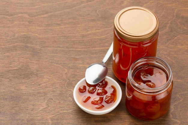 High angle fruit jam in jars