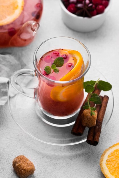 Free photo high angle fruity tea cup