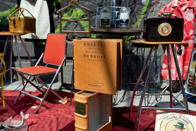 High angle furniture at second hand market