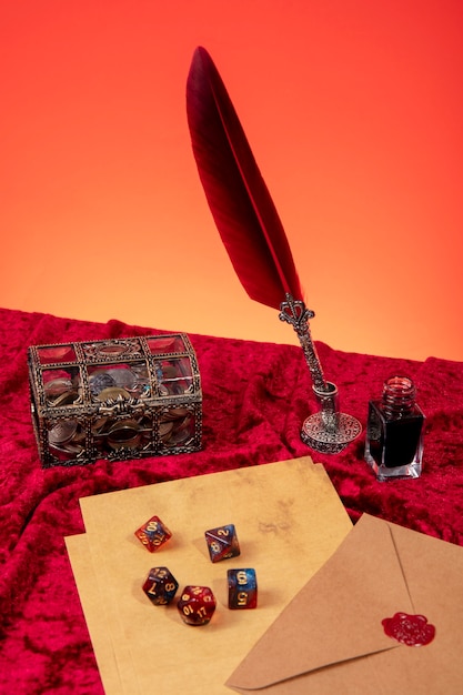 High angle game elements on red cloth