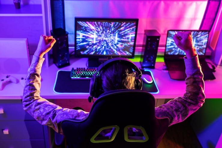 Free Photo high angle gamer playing indoors