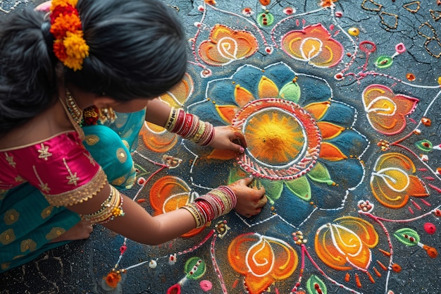 Ragazza dell'angolo alto che celebra il nuovo anno tamil