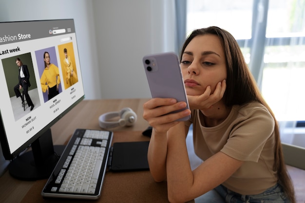 Free photo high angle girl holding smartphone