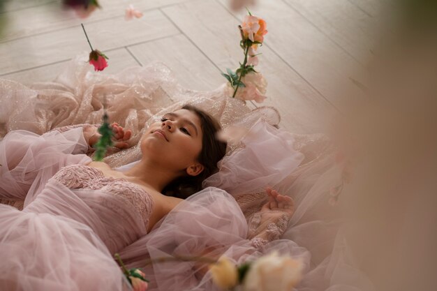 High angle girl wearing princess dress