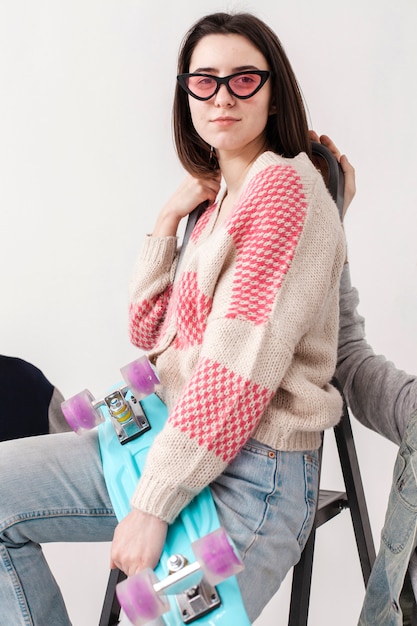 High angle girl with skateboard