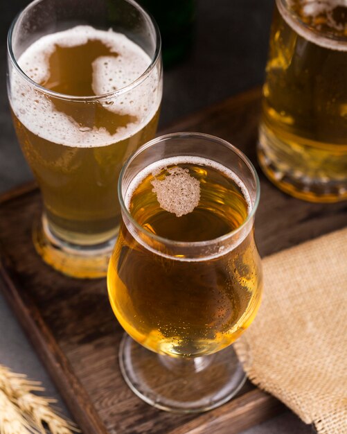 High angle glass with beer