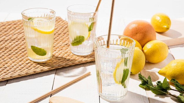 High angle glass with fresh lemonade