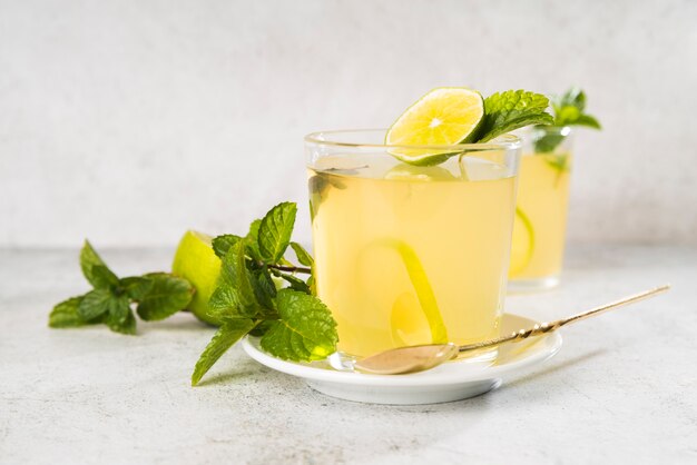 High angle glass with lemonade