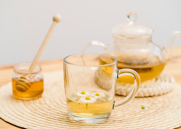 High angle glass with teapot and honey jar