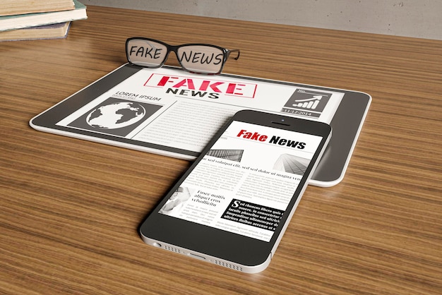 Free photo high angle of glasses and smartphone with fake news