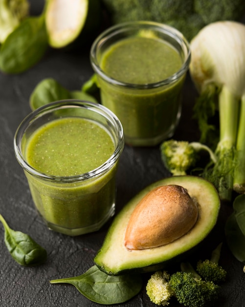 High angle glasses with avocado smoothie