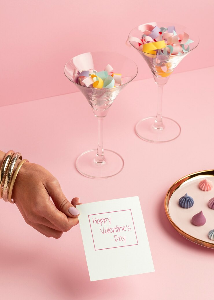 Free Photo high angle of glasses with confetti for valentine's day