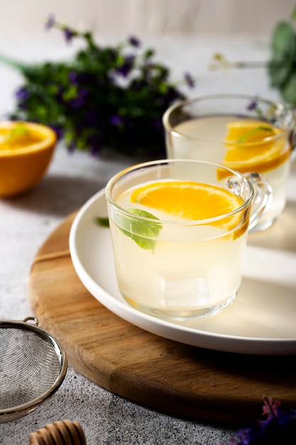 High angle glasses with orange slices