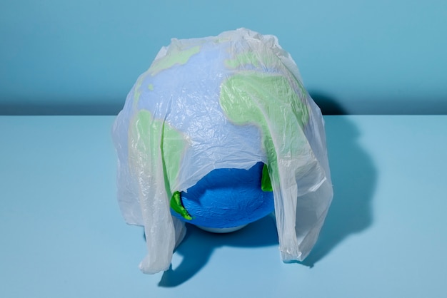 High angle globe covered with plastic bag