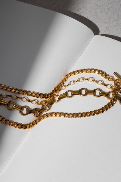 High angle gold chains on notebook