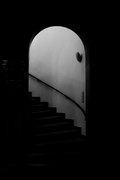 High angle grayscale shot of an arch and a staircase surrounded by the dark background