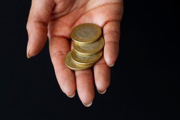 High angle hand holding coins