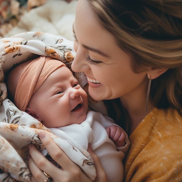 Free photo high angle happy mother holding baby