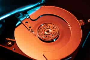 Free photo high angle hard disk with blue light