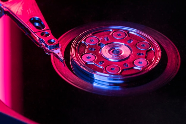 High angle hard drive with red light still life