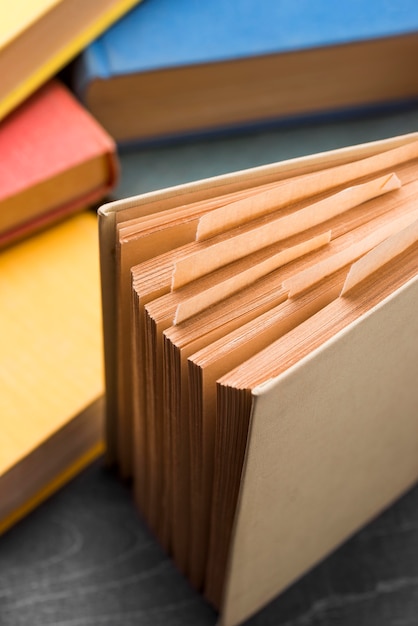 High angle of hardback books