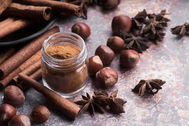 High angle hazelnuts and cinnamon sticks