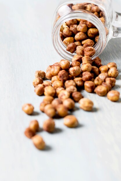 High angle of hazelnuts in jar