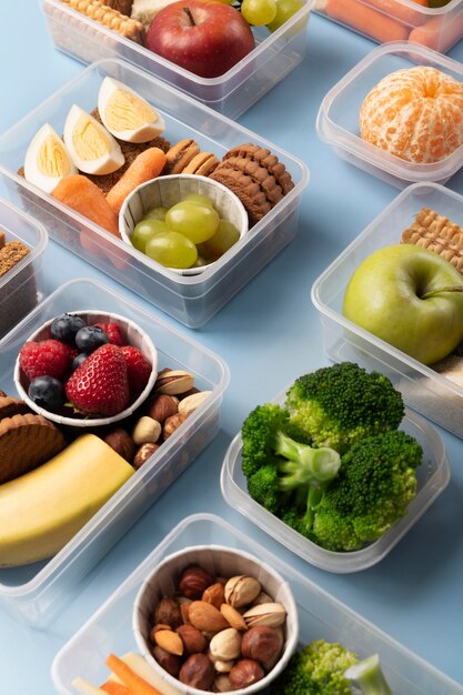 High angle healthy food boxes arrangement