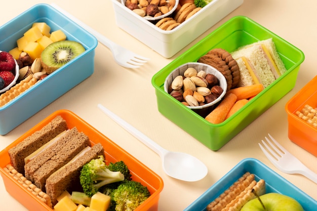 High angle healthy food lunch boxes