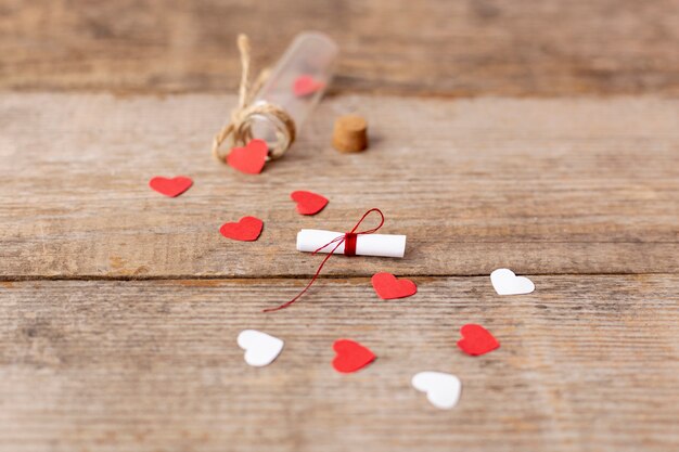 High angle of hearts and tube for valentines day