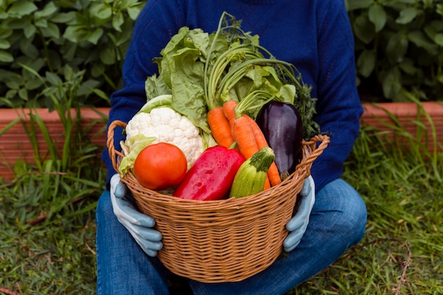 Бесплатное фото Высокий угол, держащий корзину с овощами