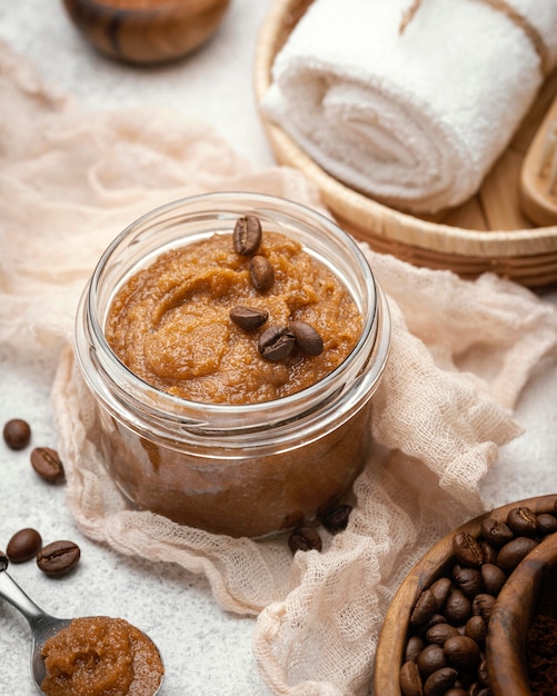 High angle homemade remedy with coffee beans