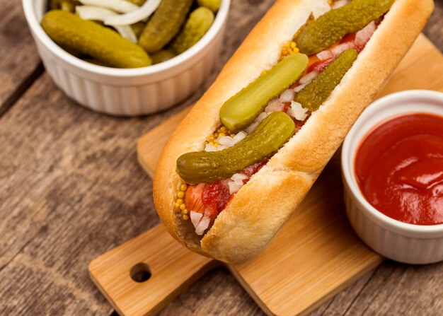 High angle hot dog with pickles