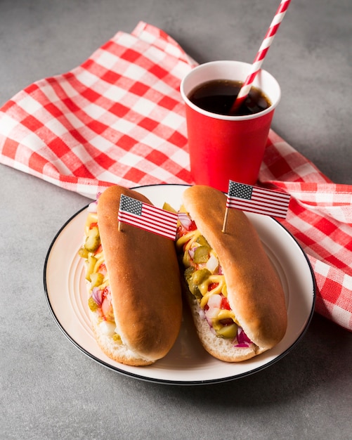 High angle hot-dogs on plate with american flag
