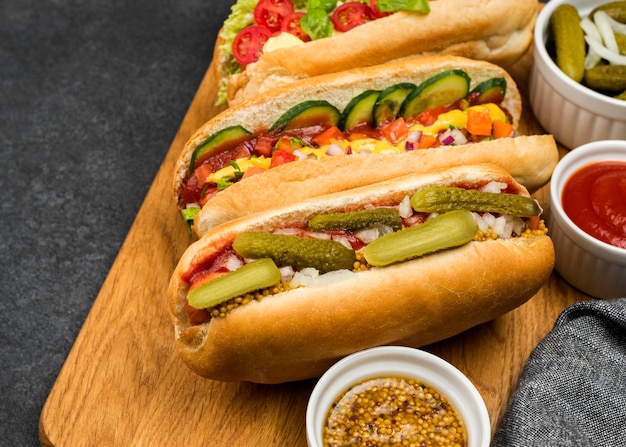 High angle hot dogs on wooden board