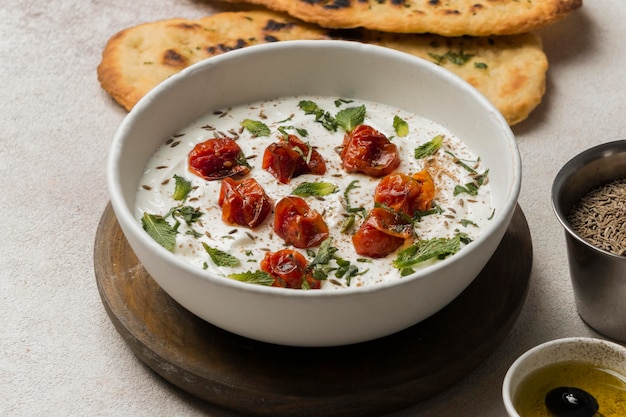 High angle indian bowl with pita